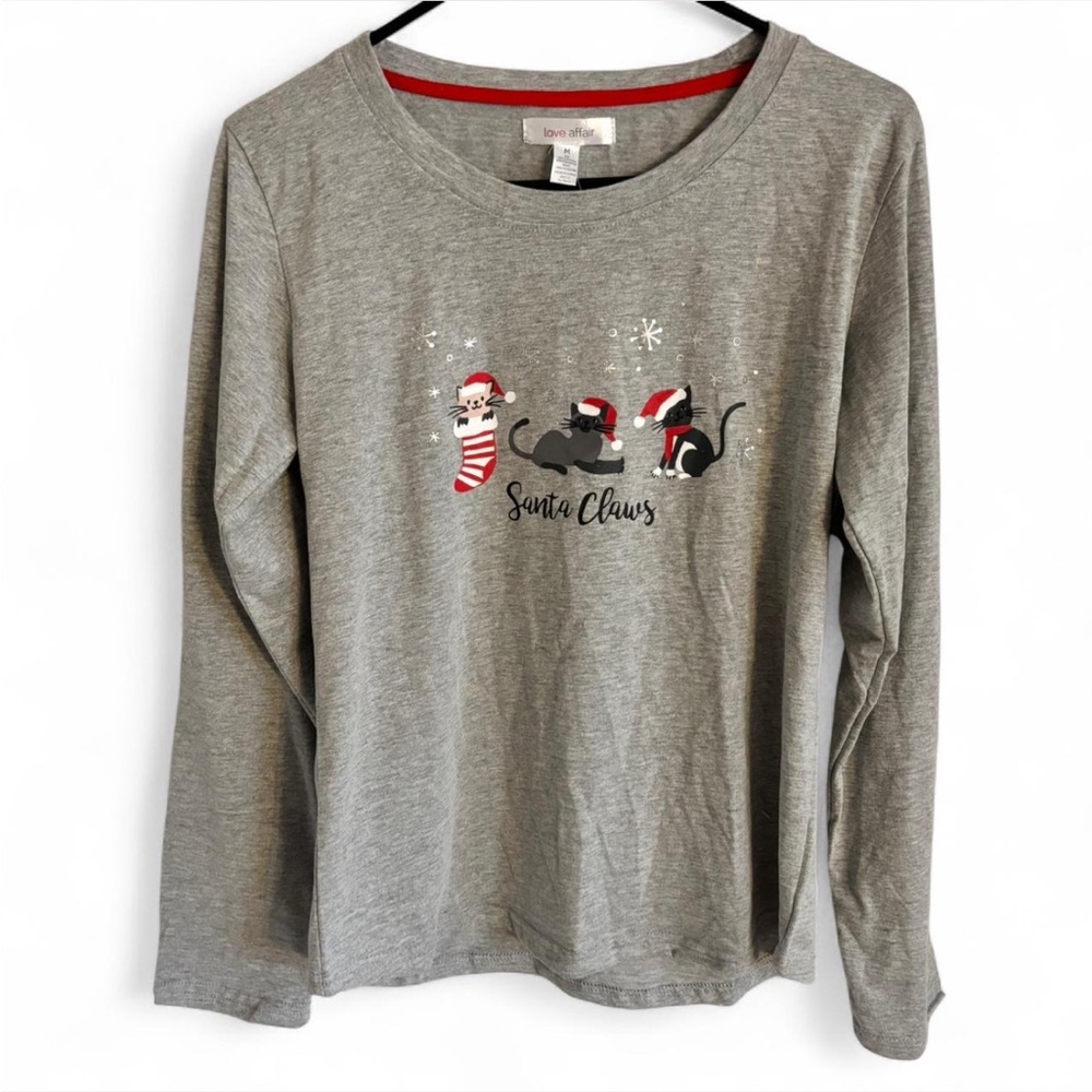 Love Affair Christmas “Santa Claws” Cat Long Sleeve Pajama Top Medium NWT